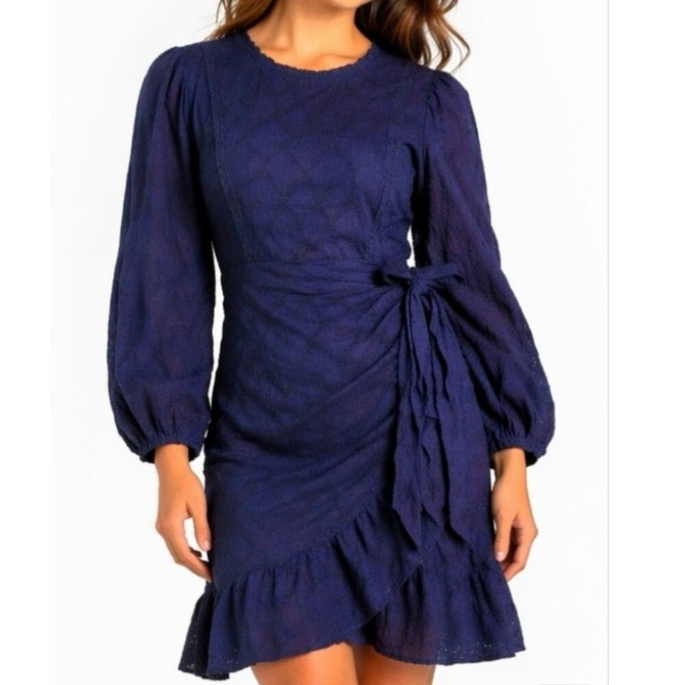 J.Crew Navy Blue 100% Cotton Faux Wrap Ruffle Hem Dress Size Medium Crew Neck
